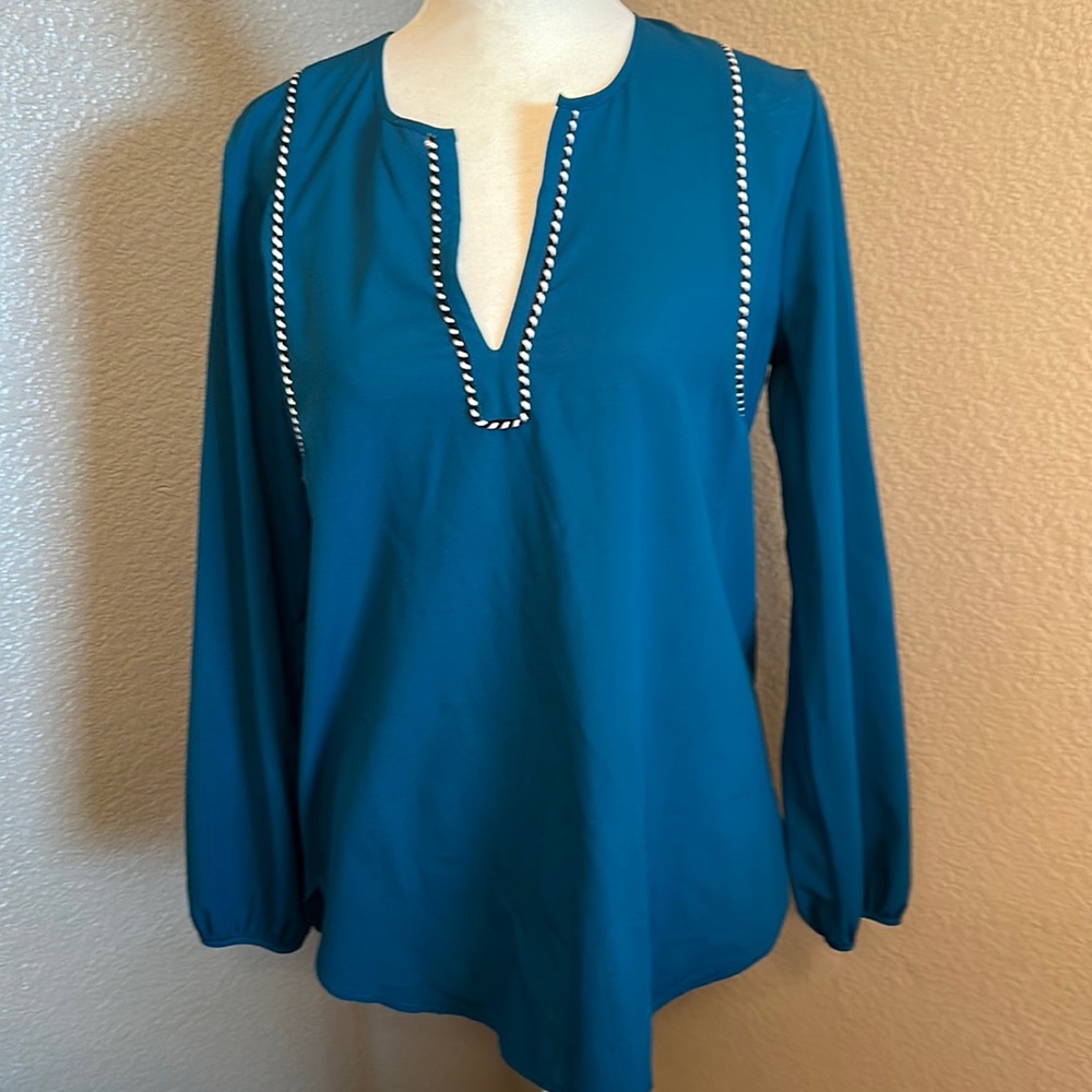 *Jcrew - Size 2 - dark teal long sleeve blouse with black/white cord detail